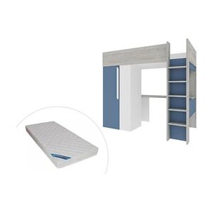 Vente-Unique.com Lit mezzanine 90 x 200 cm avec armoire et bureau - Bleu et blanc + matelas - NICOLAS - Publicité