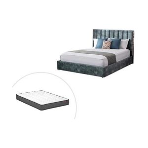 Vente-Unique.com Lit 140 x 190 cm avec tête de lit coutures verticales - Velours - Bleu canard + Matelas - FEROYA - Publicité