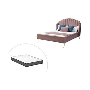 Vente-Unique.com Lit 140 x 190 cm avec tête de lit ondulée - Velours - Vieux rose + Matelas - SAGALI - Publicité