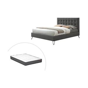 Vente-Unique.com Lit 140 x 190 cm avec tête de lit capitonnée - Tissu - Gris + Matelas - COSTANZA - Publicité