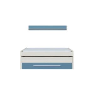 Loungitude Lit Gigogne JULES (190x90-180x90) avec 1 tiroir et 1 étagère - Blanc et bleu, Largeur - 90 cm - Publicité