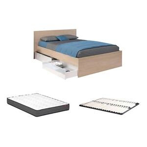 Vente-Unique.com Lit avec 2 tiroirs 140 x 190 cm - Coloris : Naturel et blanc brillant + Sommier + Matelas - VELONA - Publicité