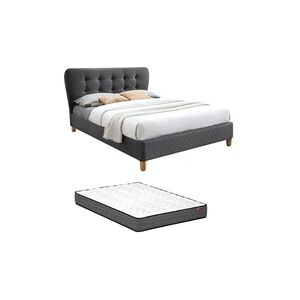 Vente-Unique.com Lit 140 x 190 cm avec tête de lit capitonnée - Tissu - Gris + Matelas - ELIDE - Publicité