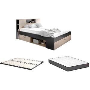 Vente-Unique.com Lit avec tête de lit rangements et tiroirs - 160 x 200 cm - Coloris : Naturel et anthracite + Sommier + Matelas - LEANDRE - Publicité