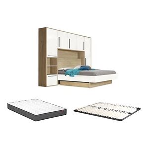 Vente-Unique.com Lit pont 140 x 190 cm avec rangements - Coloris : Naturel et blanc + Sommier + Matelas - NAJELI - Publicité