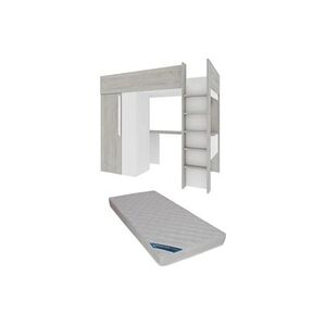 Vente-Unique.com Lit mezzanine 90 x 200 cm avec armoire et bureau - Naturel grisé et blanc + Matelas - NICOLAS - Publicité