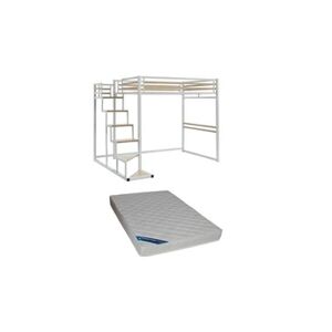 Vente-Unique.com Lit mezzanine 140 x 200 cm - Métal et MDF - Blanc + Matelas - JOGUI - Publicité