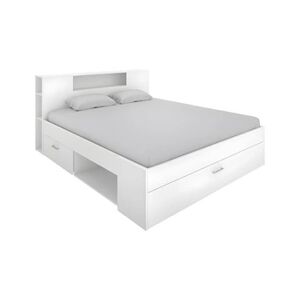 Vente-Unique Lit avec tête de lit rangements et tiroirs - 160 x 200cm - Coloris : Blanc - LEANDRE - Publicité