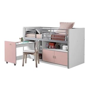 Non renseigné Lit combiné 90x200 cm avec sommier 1 bureau 2 portes bois blanc et rose Bonny - Publicité