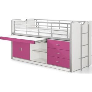 Non renseigné Lit combiné 90x200 cm avec sommier 1 bureau 3 tiroirs bois blanc et fuchsia Bonny - Publicité