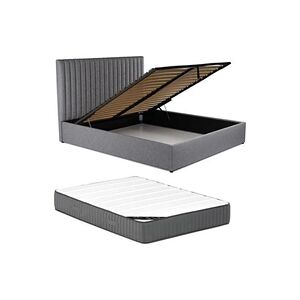 Vente-Unique.com Lit coffre 140 x 190 cm avec tête de lit coutures verticales - Tissu - Gris + Matelas - SARAH - Publicité