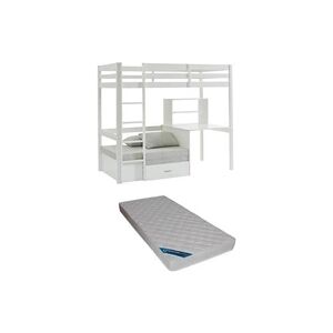 Vente-Unique.com Lit mezzanine 90 x 200 cm avec bureau, sofa convertible et rangements - Pin massif - Blanchi + Matelas - GOLIATH III - Publicité