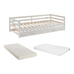 Vente-Unique.com Lit gigogne AEDAN II - 2 x 90 x 190 cm - Pin massif et MDF - Blanchi + matelas - Publicité