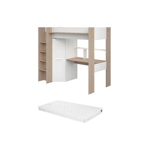 Vente-Unique.com Lit mezzanine avec bureau et armoire - 90 x 200 cm - Coloris : Blanc et naturel + matelas - AUCKLAND - Publicité