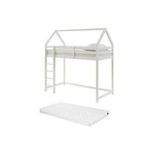 Vente-Unique.com Lit mezzanine cabane 90 x 190 cm - Pin - Blanc + Matelas - TARZIA - Publicité