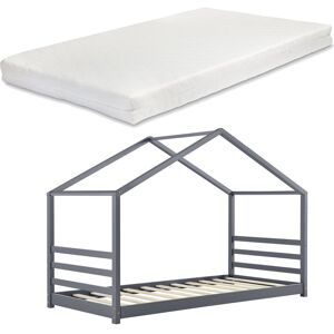 Lit Pour Enfant Cabane Maison Avec Matelas Et Sommier À Lattes En Bois De Pin Gris 90 X 200 Cm 03_0005490 - Publicité