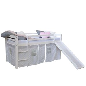 Lit Mezzanine Pour Enfant 90x200cm Avec Échelle Toboggan En Bois Blanc Avec Tissu Gris Étoile Lit06179 - Publicité