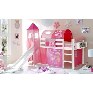 TiCAA Lit toboggan mezzanine enfant Kasper pin blanc Horse rose, tour 90x200 cm