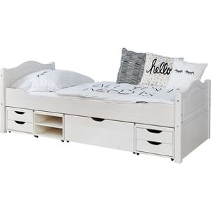 TiCAA Lit simple enfant avec tiroirs de rangement Leni pin blanc, 4 tiroirs... 90x200 cm