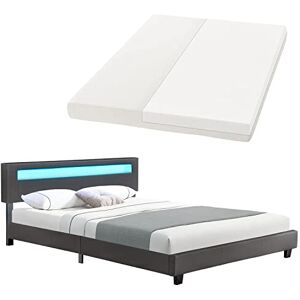 Juskys Lit rembourré LED Paris 160 × 200 cm avec Matelas et sommier — Housse en Similicuir et Cadre en Bois — Gris — Moderne et Robuste — lit Double - Publicité