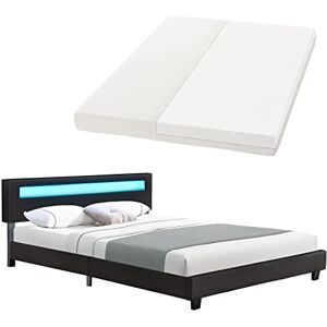 Juskys Lit rembourré LED Paris 160 × 200 cm avec Matelas et sommier — Housse en Similicuir et Cadre en Bois — Noir — Moderne et Robuste — lit Double - Publicité