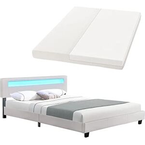 Juskys Lit rembourré LED Paris 160 × 200 cm avec Matelas et sommier — Housse en Similicuir et Cadre en Bois — Blanc — Moderne et Robuste — lit Double - Publicité