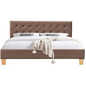 Lit MAJA en bois chêne avec sommier coffre et tête de lit tissu marron