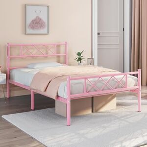 Yaheetech Cadre de lit Simple Lit en Métal pour Adultes Grande Espace en Lattes Moderne 90x190 cm Rose - Publicité