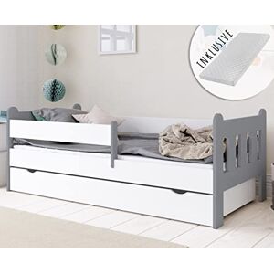 Kids Collective Lit d'enfant 80x180   80x160   90x200 cm avec Matelas, tiroir, Protection Contre Les Chutes & sommier à Lattes en Blanc-Gris 180 x 80 Fille garçon lit - Publicité