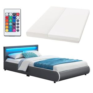 Juskys lit rembourré Sevilla 140 x 200 cm Lit avec Matelas, sommier et LED — Bois et Similicuir Gris — Lit d'adolescent lit de Chambre d'amis lit Simple - Publicité