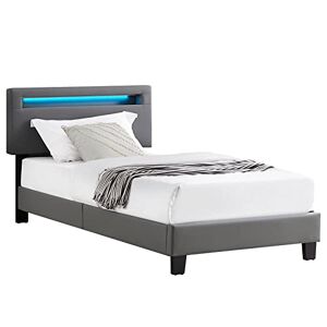 IDIMEX Lit LED Simple 90x190 cm avec sommier, tête de lit réglable en Hauteur, en synthétique Gris, Evan - Publicité