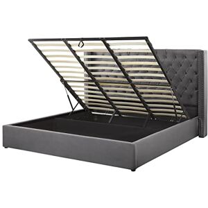 Beliani Lit Double en Velours Gris 180 x 200 cm avec Haute Tête de Lit au Style Chesterfield et Rangement pour Chambre au Style Moderne ou Glamour - Publicité