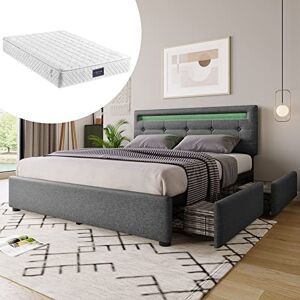 TOTITOM Cadre de lit avec éclairage LED et 4 tiroirs, matelas inclus, lit double rembourré, 140 x 200 cm, tête de lit réglable en hauteur, sommier à lattes en bois, gris 2024(EU Livraison en 3-10 jours) - Publicité