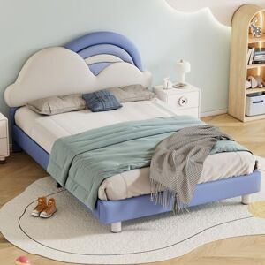 HUMZGHG Lit double capitonné avec tête de lit douillette nuages arc-en-ciel, 140 x 200 cm, lit double, sommier à lattes en bois, polyuréthane, bleu - Publicité