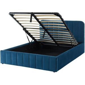 Homifab Lit coffre 140x190cm en velours bleu + tête de lit + sommier à lattes