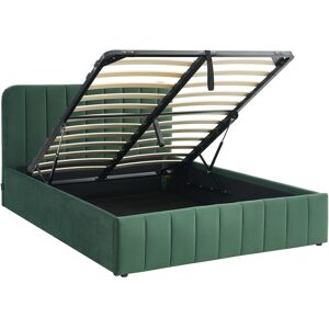 Homifab Lit coffre 140x190 en velours vert + tête de lit + sommier à lattes