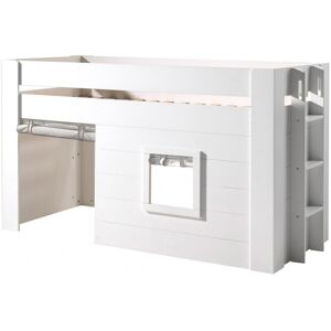 Altobuy Lit sureleve cabane 90x200cm blanc avec rideaux