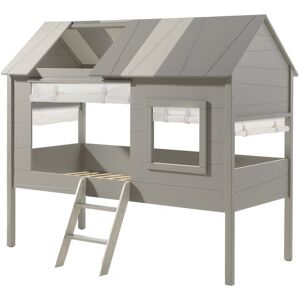 Altobuy Lit cabane sureleve 90x200cm gris avec sommier et rideaux