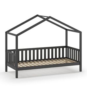Drawer Lit enfant cabane avec barrieres en bois 90x200cm gris anthracite