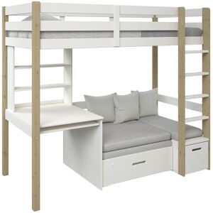 Alfred et Compagnie  Lit mezzanine avec bureau et chauffeuse pin massif blanc bois 90x200