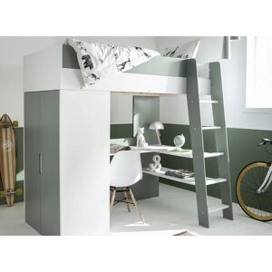 Nateo Concept Lit mezzanine avec bureau et armoire 90x190 MANLY - Blanc/Vert