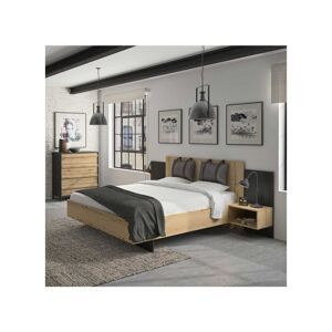 Tousmesmeubles Cadre + Tete de lit avec coussins 180200 + Chevets Chene/Noir - FIP - L 206 x l 275 x H 102 cm