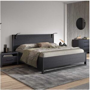 Tousmesmeubles Cadre + tête de lit 160x200 cm à led Bois Noir - UNYS - L 175 x l 210 x H 106 cm