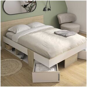 Tousmesmeubles Cadre + Tête de lit 140*190 + rangement Chêne blond/Blanc - MAILLE - L 194 x l 160 x H 80 cm