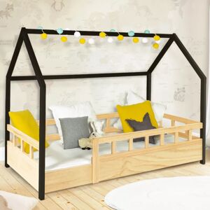 IDMarket Lit cabane noir et bois 80x160 cm avec barrières