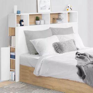 IDMarket Tête de lit avec rangement intégré 165 cm blanc et bois façon hêtre - Publicité