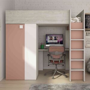 Terre de Nuit Lit mezzanine enfant 90x200 avec armoire intégrée en bois rose - LI9068