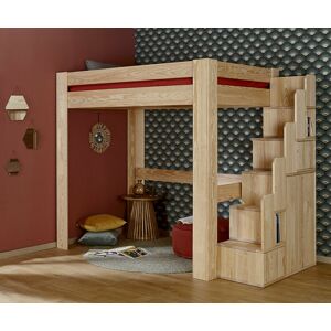 Ma Chambre d'Enfant Lit mezzanine enfant avec escalier Naolo  Bois naturel 90x190 cm