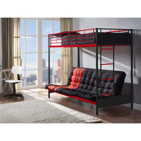 Vente-unique Lit mezzanine 90 x 190 cm - Avec banquette convertible - Métal - Noir et rouge + Futon - MODULO V