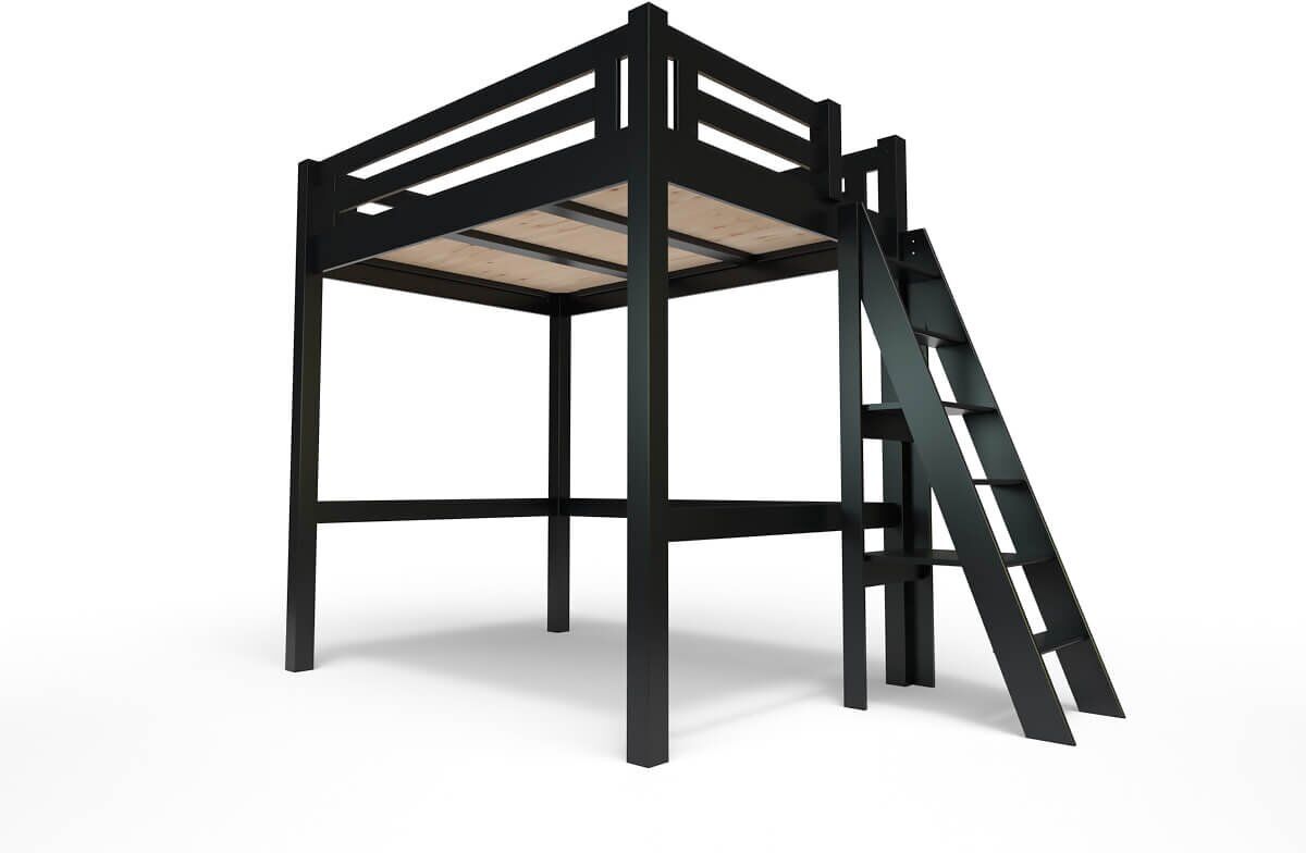 ABC MEUBLES Lit Mezzanine adulte bois + échelle hauteur réglable Alpage - 140x200 - Noir